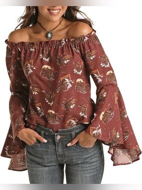 Panhandle Western rodeo off shoulder bell sleeve top XXL